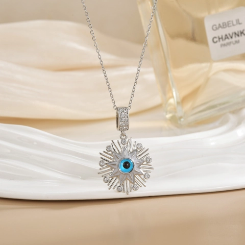 Collana con Pendente Malocchio Raggio di Sole in Rame Placcato Oro Argento Zirconia Smalto Gioielli da Donna