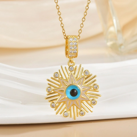Collana con Pendente Malocchio Raggio di Sole in Rame Placcato Oro Argento Zirconia Smalto Gioielli da Donna