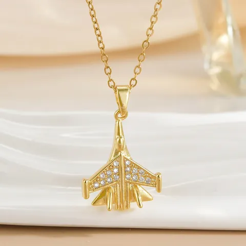 Collier Pendentif Avion de Chasse de Luxe Chaîne en Acier Inoxydable Avec Zirconium Strass Bijoux Or Argent Femme
