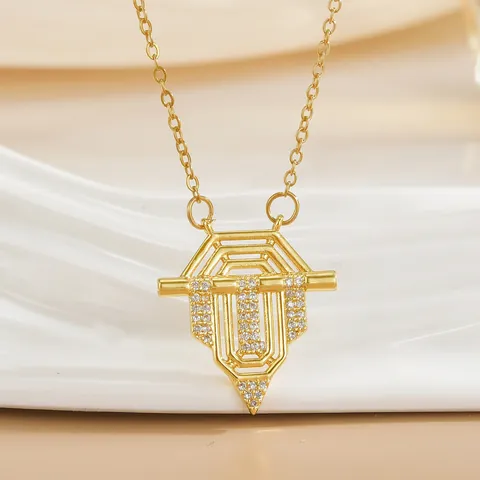 Vintage Türkischer Stil Mikro Zirkonia Schild Anhänger Halskette Für Damen Luxus Kupfer Geometrische Schlüsselbein Kette Schmuck