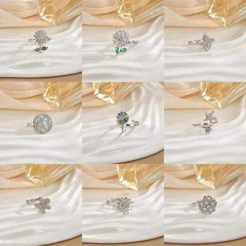Fashion Rotating Spinner Copper Ring For Women Zirconia Inlaid Adjustable Opening Flower Heart Star Sea Turtle Jewelry Gift