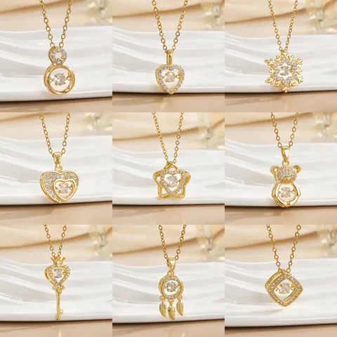 Women Elegant Dancing Stone Necklace Golden Copper Zirconia Heart Swan Pendant Korean Style Sparkly Clavicle Chain Jewelry