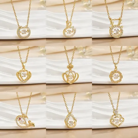Women Elegant Dancing Stone Necklace Golden Copper Zirconia Heart Swan Pendant Korean Style Sparkly Clavicle Chain Jewelry
