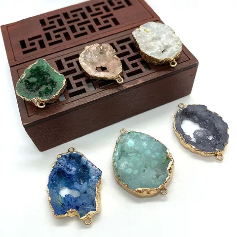 Natural Agate Geode Druzy Raw Stone Pendant Gold Electroplated Edge Teardrop Shape Connector For DIY Jewelry Making Necklaces Bracelet Accessory