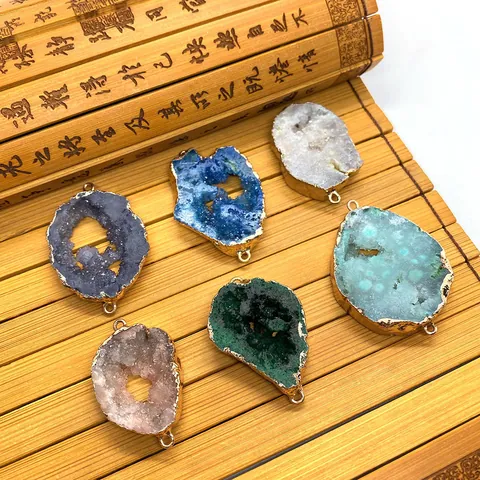 Natural Agate Geode Druzy Raw Stone Pendant Gold Electroplated Edge Teardrop Shape Connector For DIY Jewelry Making Necklaces Bracelet Accessory