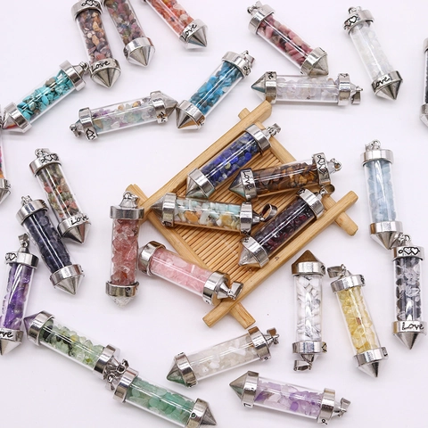 Bullet Shape Natural Stone Chip Pendant Electroplated Copper Love Heart Engraved DIY Necklace Charm Jewelry Making Accessory