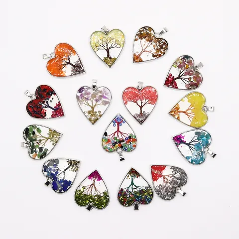 Heart Shape Tree Of Life Natural Stone Resin Wire Wrapped Pendant For DIY Necklace Jewelry Making Accessories
