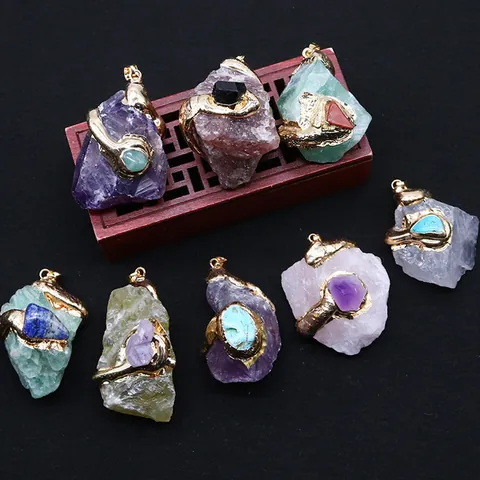Irregular Natural Stone Crystal Raw Ore Pendant Gold Plated Copper Wrapped Boho DIY Jewelry Pendant Only Without Chain