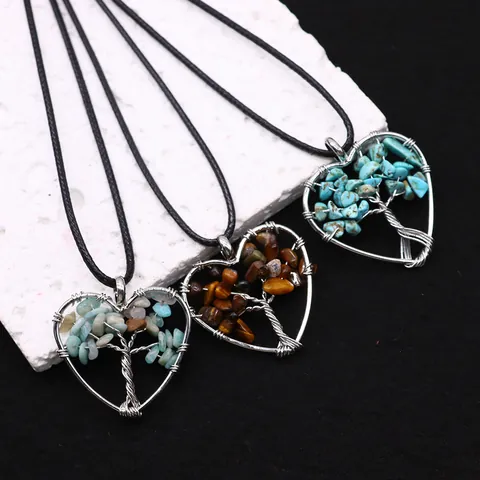 Collier Pendentif Arbre de Vie en Pierre Naturelle Coeur Fil Enroulé Avec Cordon Noir Bijoux Boho Fait Main Cadeau
