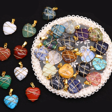 Handgefertigte Naturstein Herz Anhänger Halskette Für Damen Drahtgewickelt Kristall Edelstein Schmuck Boho Lapis Amethyst Malachit Halsketten