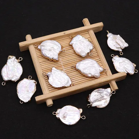 Natural Freshwater Artificial Baroque Pearl Connector Pendant Gold Plated Copper Edged Double Loop Charm For DIY Jewelry Making Women