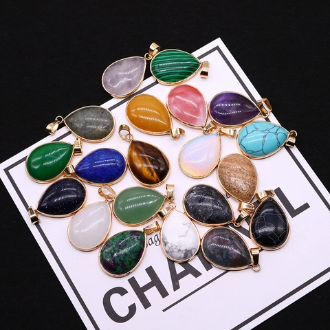 Pendentif Larme en Pierre Naturelle Avec Bord en Cuivre Plaqué Or Électroplaqué Pendentifs Larme pour Création de Bijoux DIY