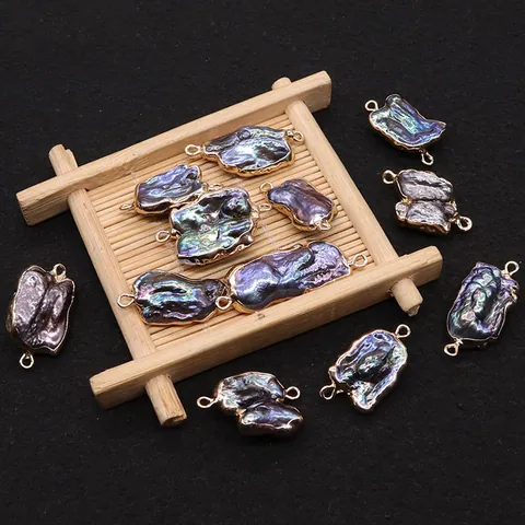 Natural Baroque Freshwater Pearl Pendant Peacock Iridescent Irregular Double Loop Connector For DIY Jewelry Making Gold Edged