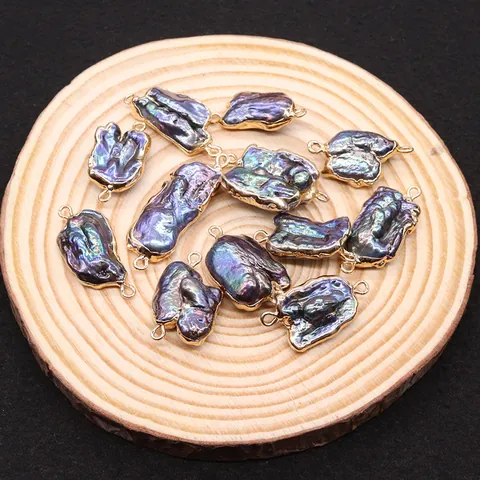 Natural Baroque Freshwater Pearl Pendant Peacock Iridescent Irregular Double Loop Connector For DIY Jewelry Making Gold Edged