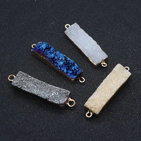 Natürlicher Druzy-Kristall Rechteckiger Doppel-Loop-Anschluss-Anhänger Goldkante DIY-Halskette Schmuckherstellung Zubehör