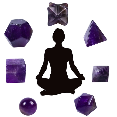 Set di 7 Pezzi Forme Geometriche in Cristallo Naturale Chakra Ametista Quarzo Rosa Cristallo Bianco Pietre Geometria Sacra per Meditazione Casa Ufficio