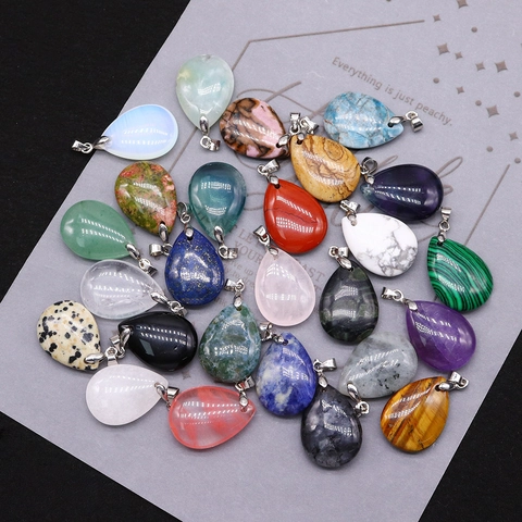 Natural Stone Teardrop Pendant Only (Without Chain) With Silver Metal Bail DIY Polished Stone Accessory For Necklace Jewelry Making