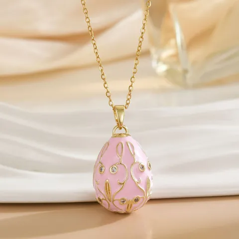 Vintage Enamel Egg Shaped Pendant Necklace Gold Plated Copper Floral Zirconia Jewelry For Women Easter Gift