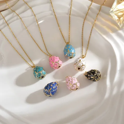 Vintage Enamel Egg Shaped Pendant Necklace Gold Plated Copper Floral Zirconia Jewelry For Women Easter Gift