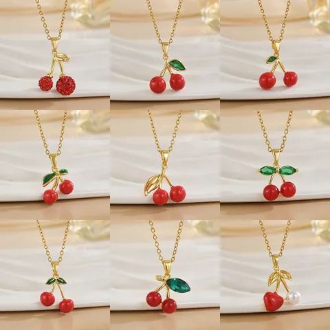 Collier Pendentif Cerise Rouge en Cuivre pour Femme Bijoux de Luxe Émail Zircon Plaqué Or Accessoires de Fruits Cadeau