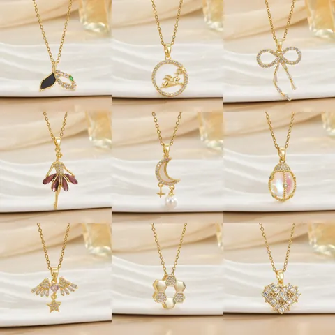 Mode Vergoldete Kupferhalskette Für Damen Luxus Zirkonia Künstliche Perlenanhänger Herz Mond Schleife Schmetterling Ästhetik Schmuck Geschenk