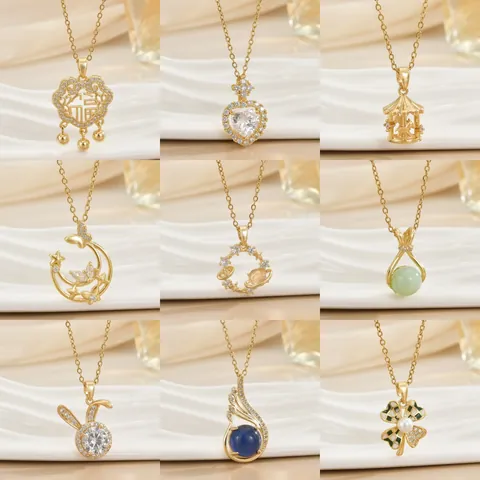 Fashion Copper Rhinestone Heart Pendant Necklace For Women Gold Camellia Flower Rabbit Lucky Lock Clavicle Chain Jewelry Gift