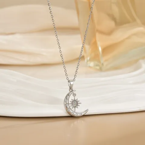 Fashion Eco-friendly Copper Moon Star Pendant Necklace Gold Silver Plated Synthetic Opal Zirconia Clavicle Chain For Women Jewelry