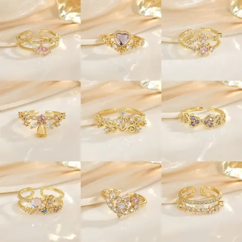 Bague Ouverte Réglable en Cuivre Plaqué Or de Luxe pour Femmes Sertie de Zircone Cœur Papillon Couronne Bijoux de Mode Cadeau