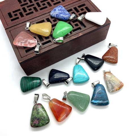 Natural Stone Trapezoid Shape Pendant Only (Without Chain) Alloy Polished Crystal Quartz Agate For DIY Jewelry Making Accessories