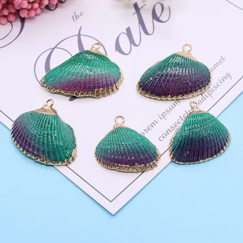 Pendentifs en Coquille Saint-Jacques Naturelle Dégradé Vert Violet Bord Doré Charme de Coquillage pour la Fabrication de Bijoux DIY