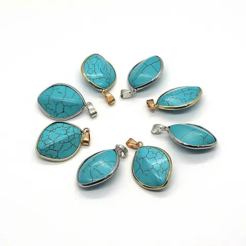 Colgante De Turquesa Azul Natural Forma Navette Marquesa Irregular Borde Metálico Dijes De Piedra Para Accesorios De Fabricación De Joyas De Collar De Bricolaje