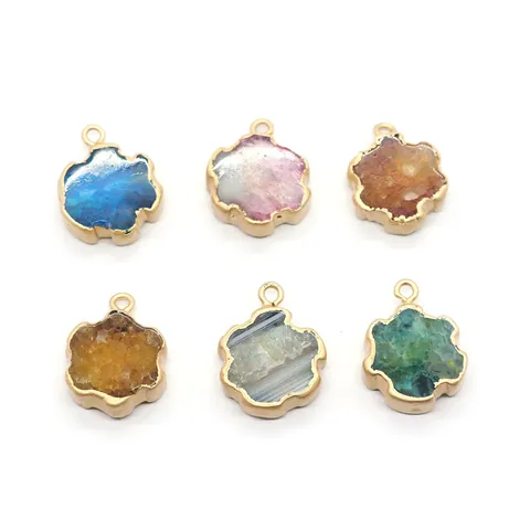 Natural Stone Crystal Flower Pendant Alloy Edging Druzy Charm For DIY Necklace Jewelry Making Accessories