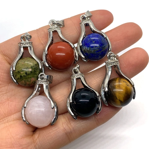 Natural Stone Round Ball Pendant Retro Alloy Claw Inlaid Rhinestone Quartz Crystal Lapis Lazuli Tiger Eye DIY Jewelry Findings