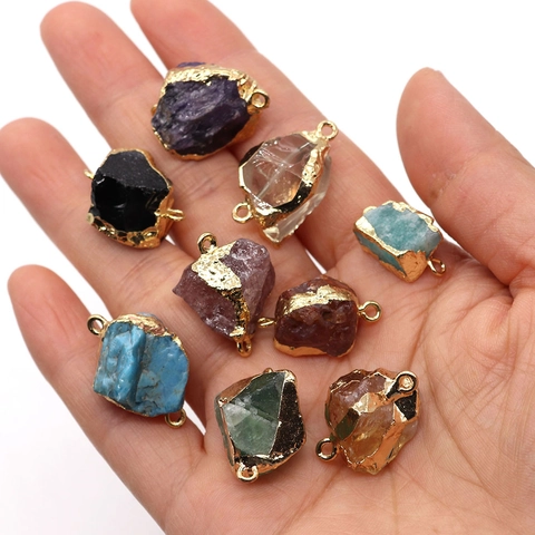 Irregular Natural Stone Connector Pendant Gold Plated Amethyst Rose Quartz Double Loop Jewelry Making Findings Accessories