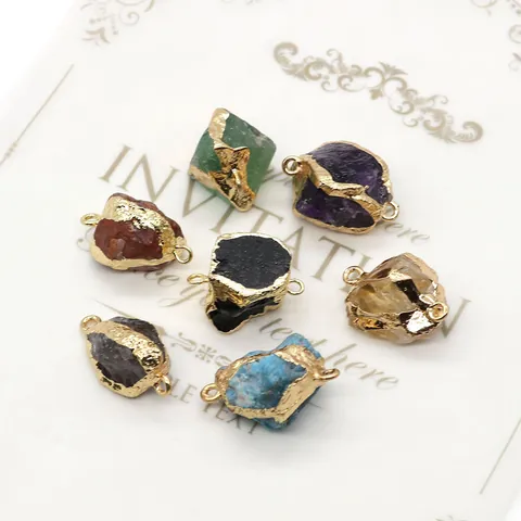 Naturstein Anhänger Unregelmäßig Verbinder Gold Galvanisiert Kristall Amethyst Rosenquarz Citrin DIY Schmuckherstellung Zubehör