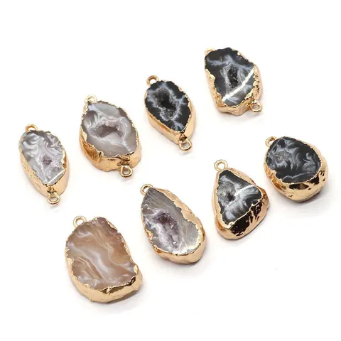 Natural Agate Geode Druzy Pendant Connector Irregular Stone Gold Plated Edge Charms For DIY Necklace Bracelet Jewelry Making Accessory