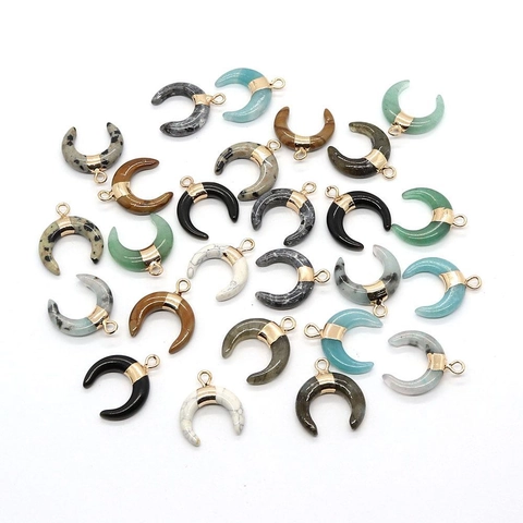 Natural Stone Crescent Moon Pendant For DIY Jewelry Making Aventurine Rose Quartz White Turquoise Agate Opal Findings Accessory