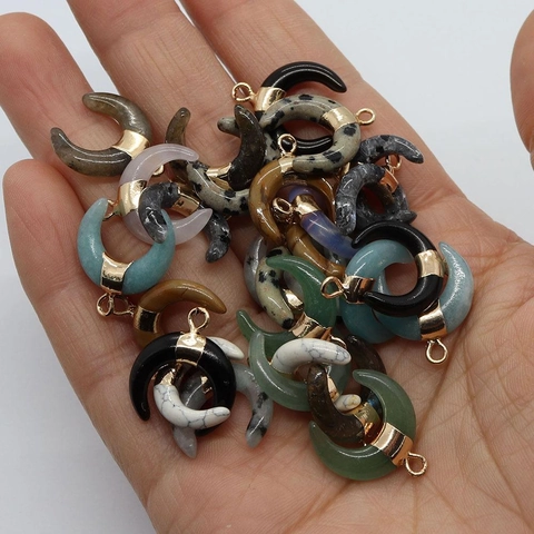 Natural Stone Crescent Moon Pendant For DIY Jewelry Making Aventurine Rose Quartz White Turquoise Agate Opal Findings Accessory
