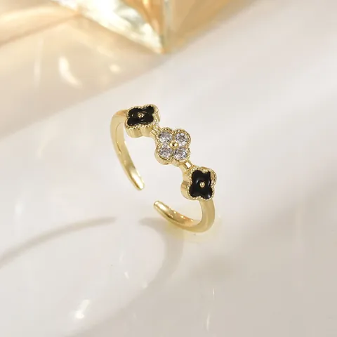 Fashion Lucky Four-Leaf Clover Open Adjustable Ring For Women Gold Silver Plated Rhinestone Drip Oil Hollow Finger Ring Jewelry