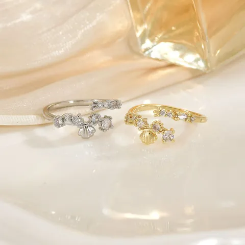Orecchini in Zirconia a Forma di Conchiglia Anello Aperto per Donna Placcato Oro 18K Argento Rame Regolabile Gioielli da Dito Minimalisti alla Moda