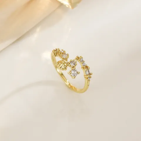 Orecchini in Zirconia a Forma di Conchiglia Anello Aperto per Donna Placcato Oro 18K Argento Rame Regolabile Gioielli da Dito Minimalisti alla Moda