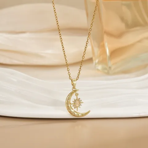 Fashion Eco-friendly Copper Moon Star Pendant Necklace Gold Silver Plated Synthetic Opal Zirconia Clavicle Chain For Women Jewelry