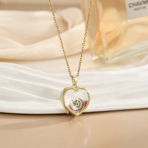 Retro Heart Transparent Locket Pendant Necklace With Floating Colorful Zirconia Copper 18K Gold Plated Chain Jewelry Women