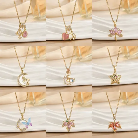 Luxury Copper Zirconia Pendant Necklace For Women Planet Moon Heart Butterfly Floral Maple Leaf Enamel Jewelry Gift