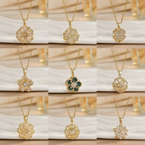 Vintage Gold Plated Copper Zirconia Pendant Necklace For Women Rotatable Flower Evil Eye Sun Four Leaf Clover Choker Fashion Jewelry