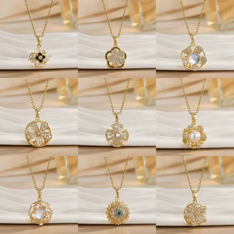 Vintage Gold Plated Copper Zirconia Pendant Necklace For Women Rotatable Flower Evil Eye Sun Four Leaf Clover Choker Fashion Jewelry
