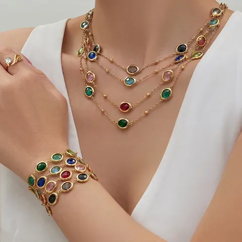 Stainless Steel Colored Glass Stone Jewelry Set For Women 18K Gold Plated Oval Pendant Necklace Bracelet Stud Earrings Fashion Accessories