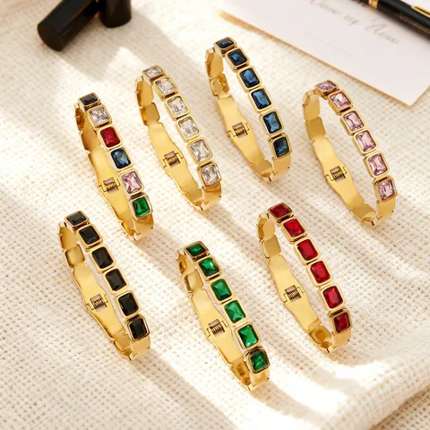 Vintage Geometric Square Colorful Glass Stone Stainless Steel Bangle Bracelet For Women Minimalist Fashion Hand Jewelry Accessory
