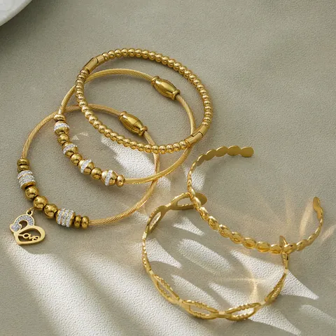 Stainless Steel Heart Pendant Bracelet Zircon Crystal Bead Chain Cable Oval Link Stacking Fashion Jewelry Women