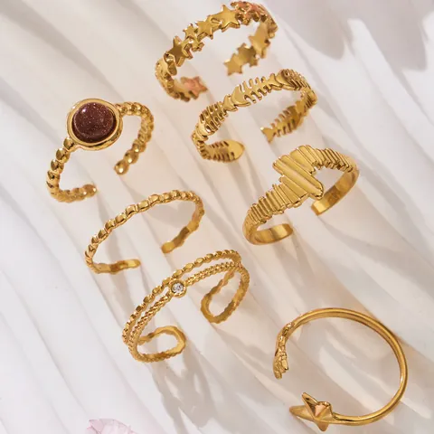 French Retro 18K Gold Plated Stainless Steel Open Ring For Women Adjustable Star Heart Infinity Fishbone Roman Numeral Chain Ring Stackable Fashion Jewelry